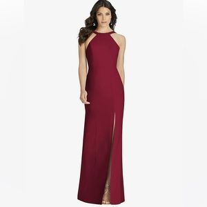 Dessy Collection Crepe Halter X-back Maxi Formal Dress Burgundy